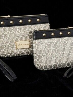 Betsey Johnson Metallic Grid Sequin Wristlet Clutch with Black Trim NWOT